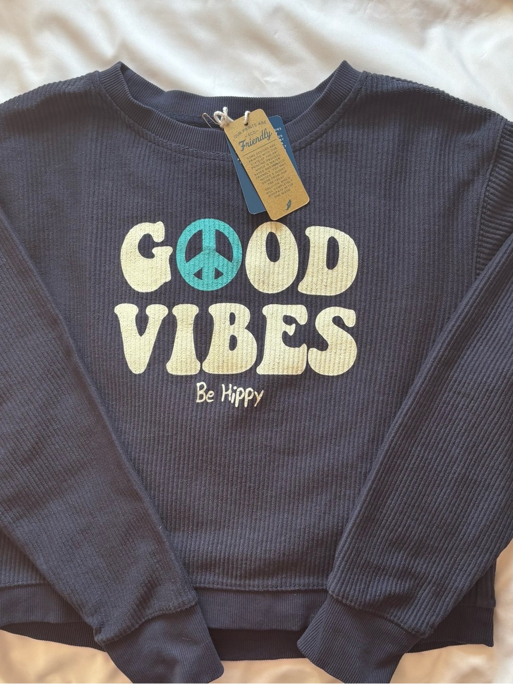 League Navy Blue "Good Vibes" Graphic Sweatshirt with Teal Accent